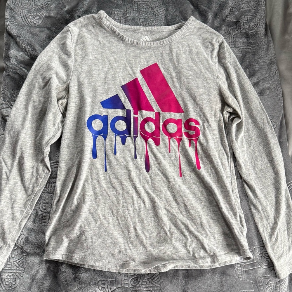 adidas Heather Gray Long Sleeve Tee with Blue and Pink Drip Logo